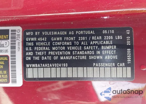 2010 Volkswagen Eos Komfort z USA, uszkodzony, nr VIN WVWBA7AH2AV024193
